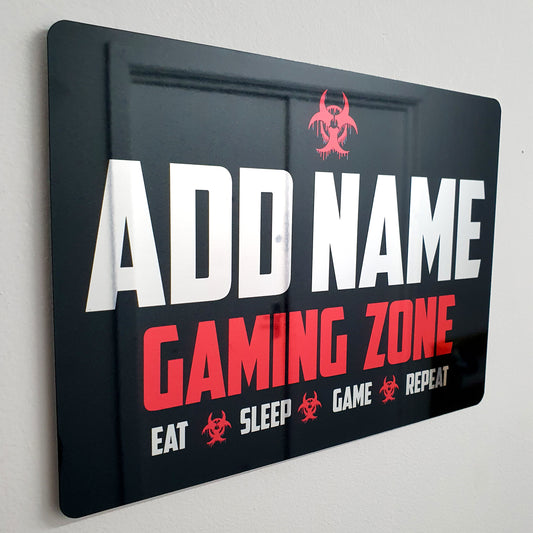 Personalisiertes rotes Gamer-Schild aus Metallspiegel – Gaming Zone Caution