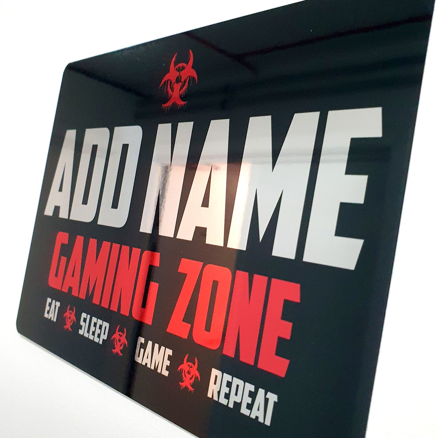 Personalisiertes rotes Gamer-Schild aus Metallspiegel – Gaming Zone Caution