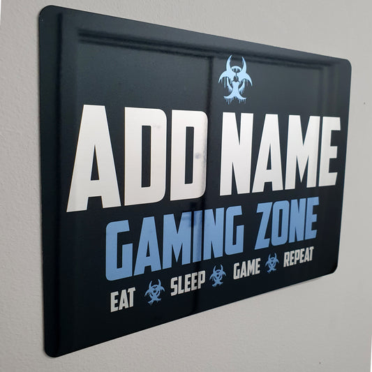 Personalisiertes Gamer-Schild aus Metall, verspiegelt, Blau – Gaming Zone Caution