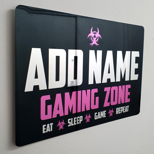 Personalised Metal Mirror Pink Gamer Sign - Gaming Zone Caution - shopquality4u