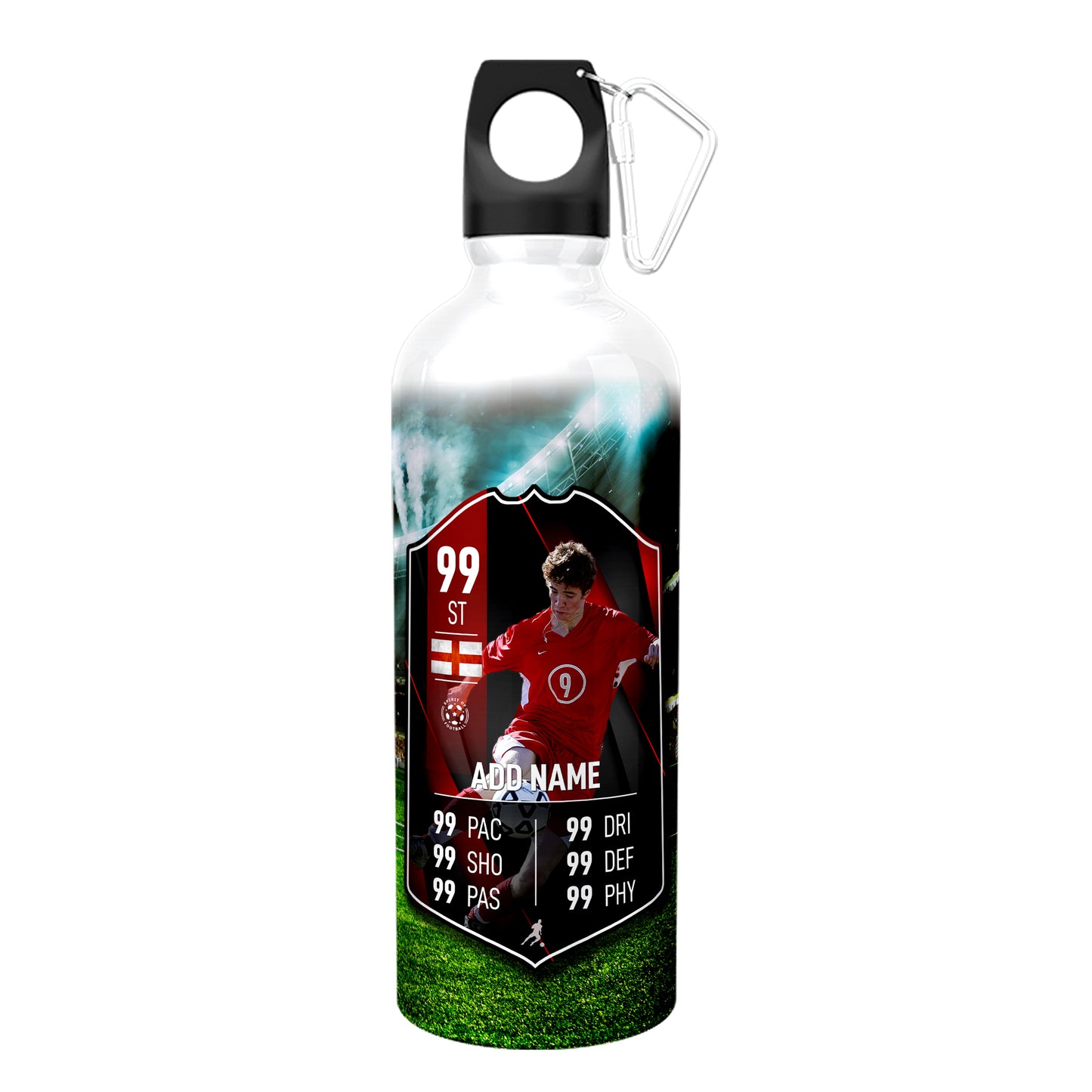Rot-schwarze Fußball-Statistik-Wasserflasche aus Aluminium