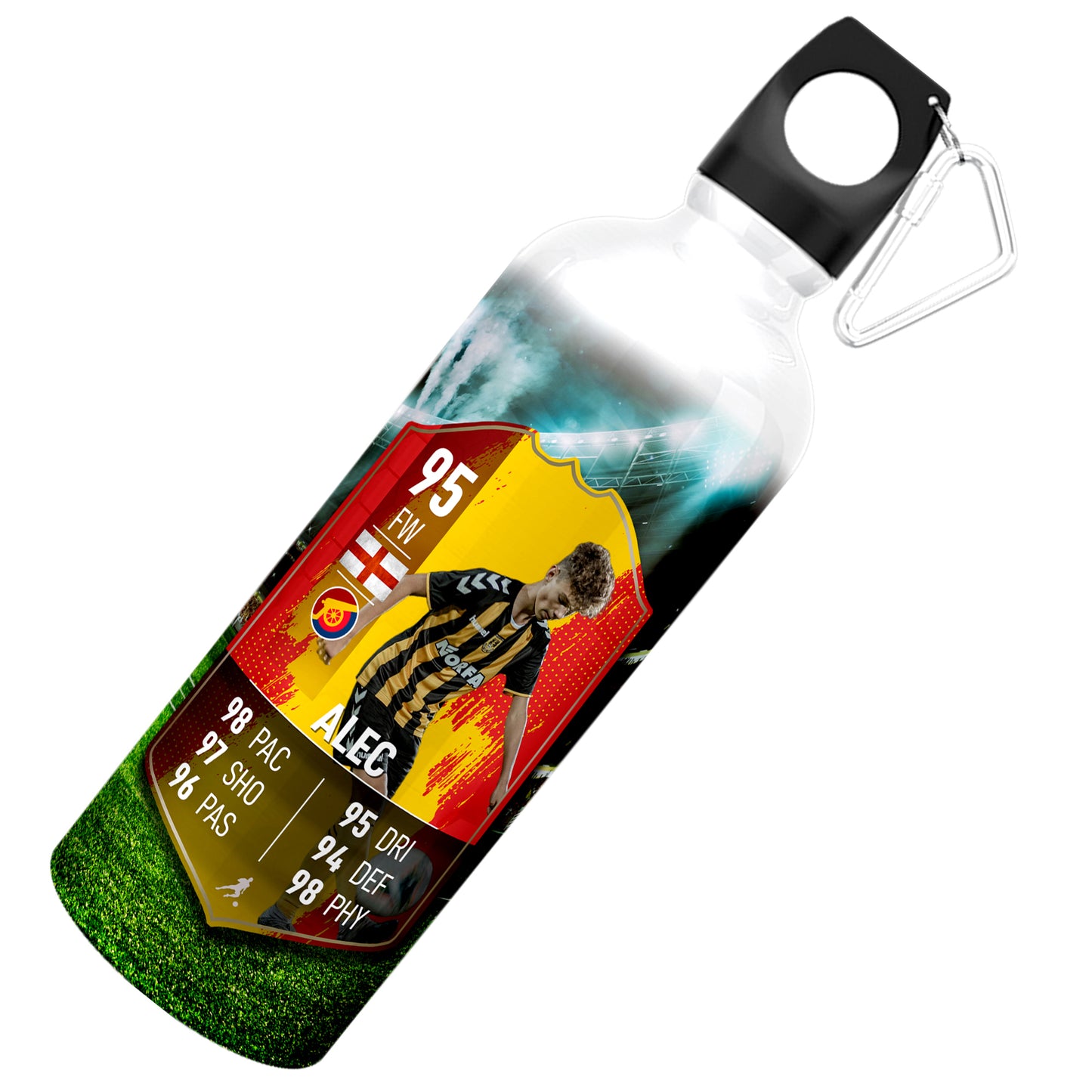 Fußball-Statistik-Wasserflasche aus Aluminium mit gelben Streifen