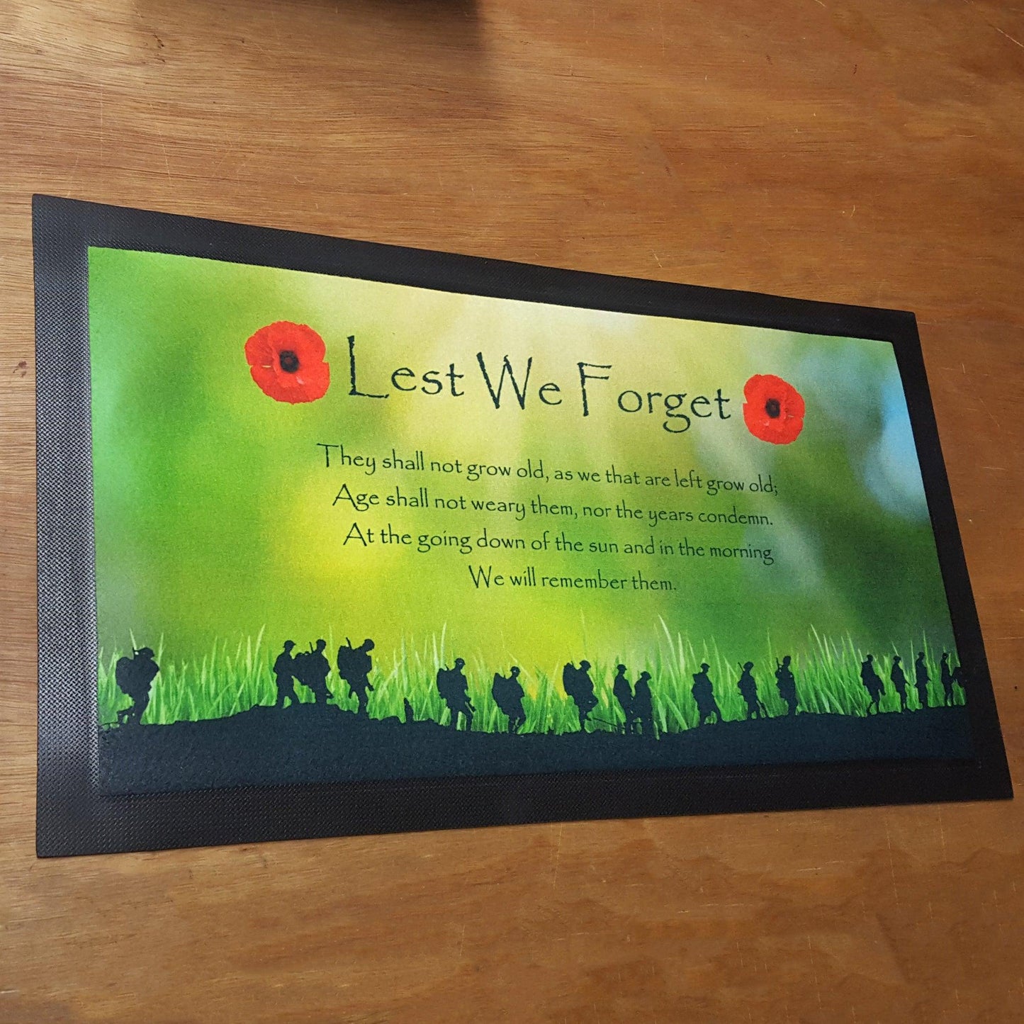 Personalised Bar Runner 44 x 25cm (17.3 x 9.8") Bar Mat Lest We Forget Military Poppy Green Background - shopquality4u