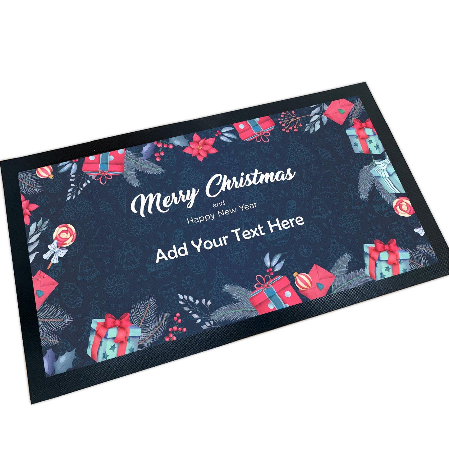 ShopQuality4U Bar Runner Gripped Rubber Backing 44 x 25cm (17.3 x 9.8'') Bar Mat Personalised Bar Runner Blue Christmas Design Add Own Text