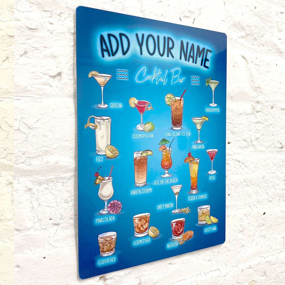 Personalised Cocktail  Bar Sign - Neon effect Printed Metal Sign wall art A5/ A4/ A3 Bar Add Name