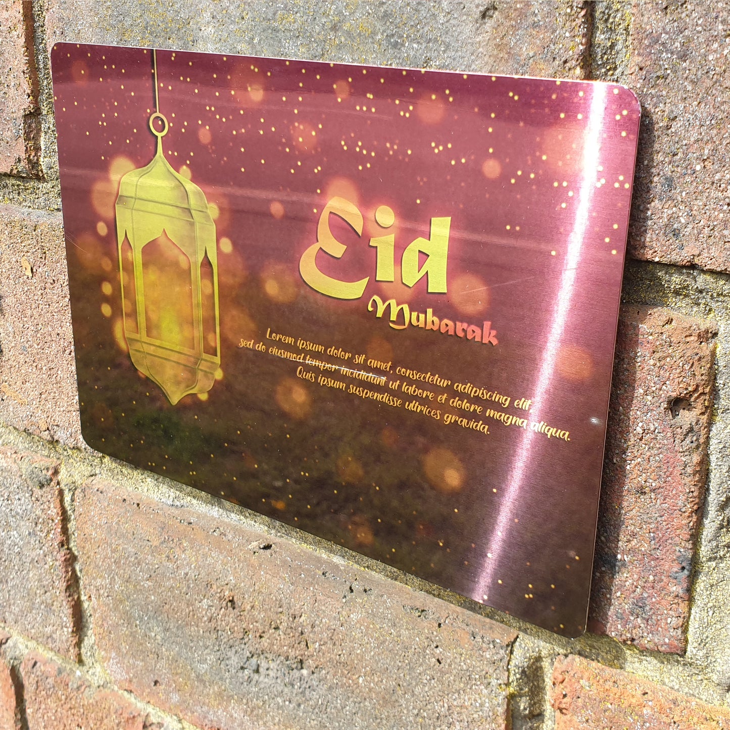 Personalised Eid Mubarak Mirror Metal Sign One Lantern Brick Red Background - Add Your Custom Text