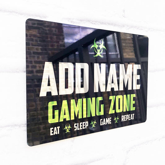 Personalisiertes Metallspiegel-Grünes Gamer-Schild – Gaming Zone Caution