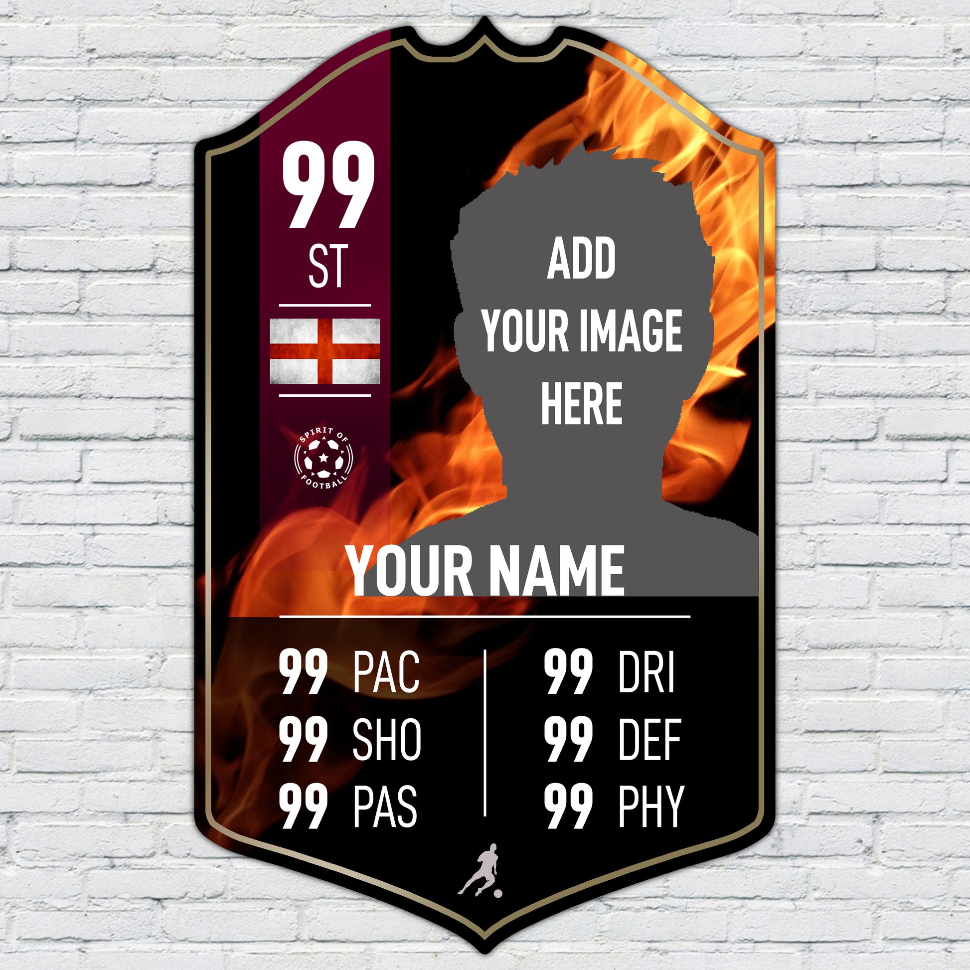 Personalised Football Cup Player Stats Card Sign - Fire Background Printed Metal Shield