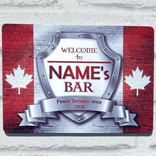 Personalised Bar Sign - Canada Canadian Flag Printed Metal White Sign wall art  Bar Add Name 