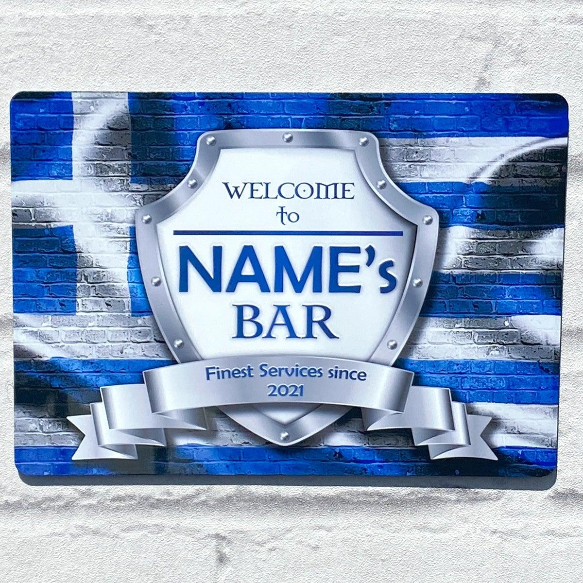 Personalised Bar Sign - Greece Greek Flag Printed Metal White Sign wall art  Bar Add Name 
