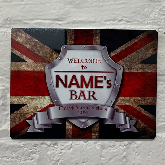 Personalised Bar Sign - UK British Flag Printed Metal White Sign wall art  Bar Add Name 