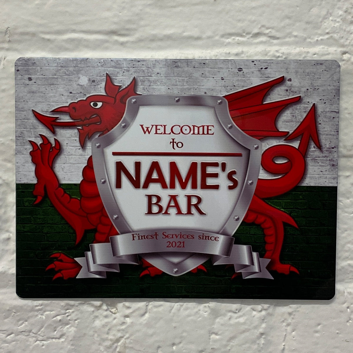 Personalised Bar Sign - Wales Welsh Flag Printed Metal White Sign wall art  Bar Add Name 