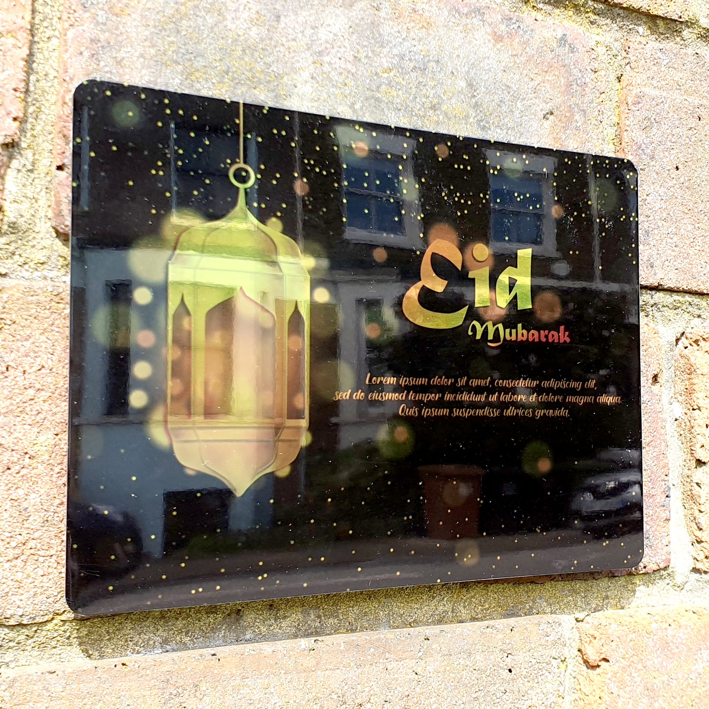 Personalised Eid Mubarak Mirror Metal Sign One lantern Deep Green Background - Add Your Custom Text