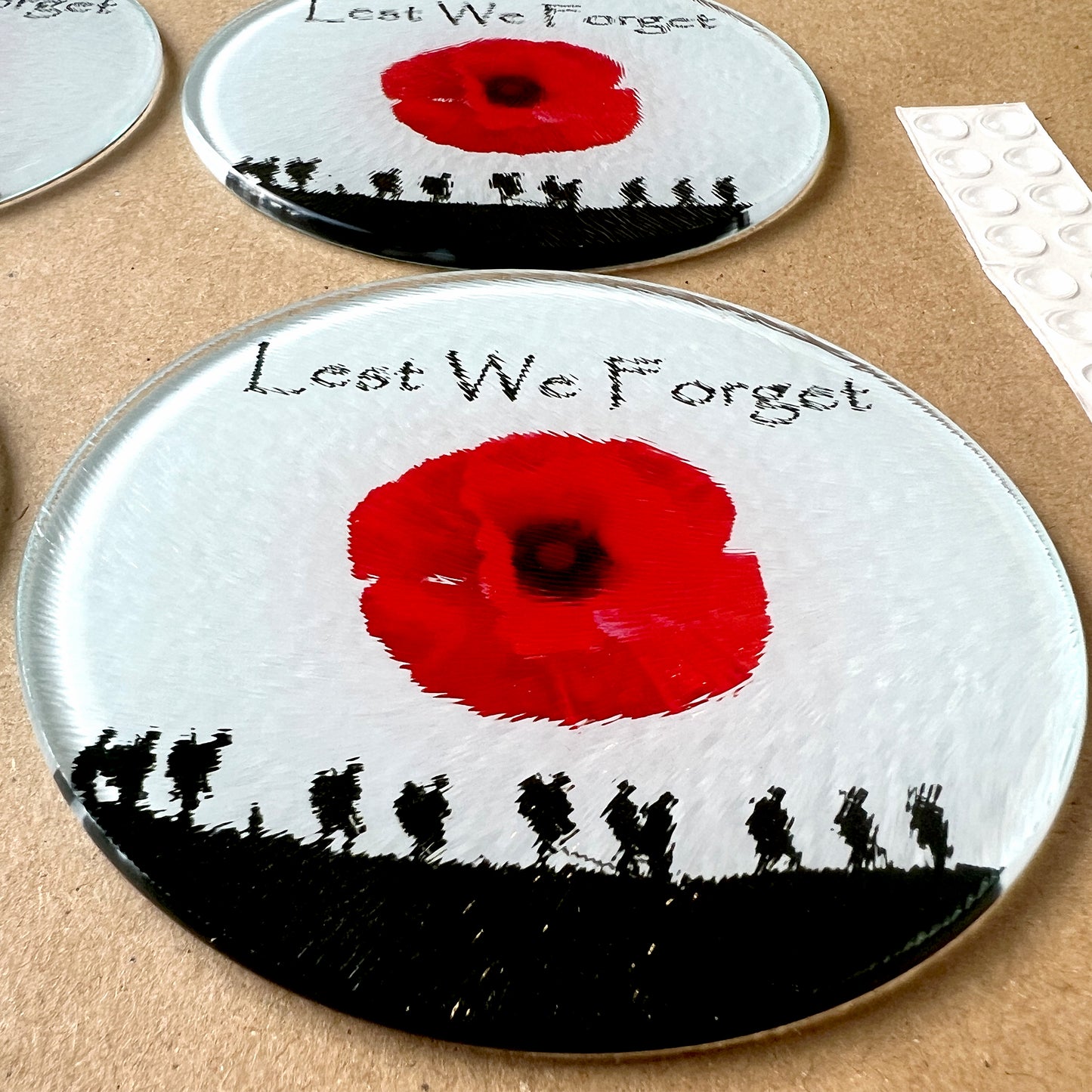 Round Glass Table Coaster Set Military Poppy Lest We Forget (set of 4)