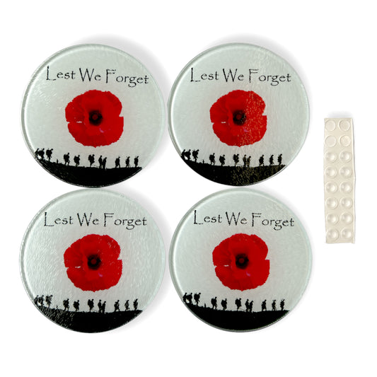 Ensemble de dessous de verre de table rond en verre Coquelicot militaire Lest We Forget (ensemble de 4)