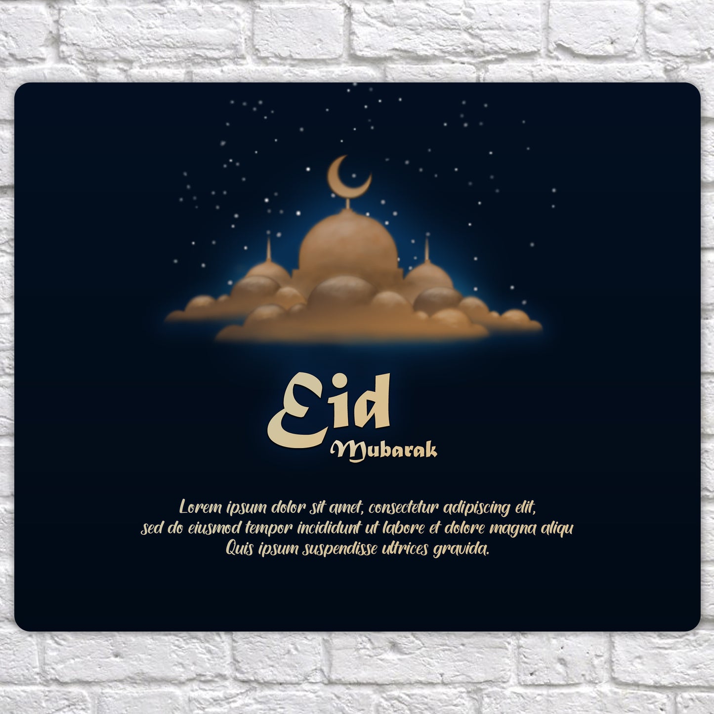 Personalised Eid Mubarak Mirror Metal Sign Blue Background Beige Mosque - Add Your Custom Text