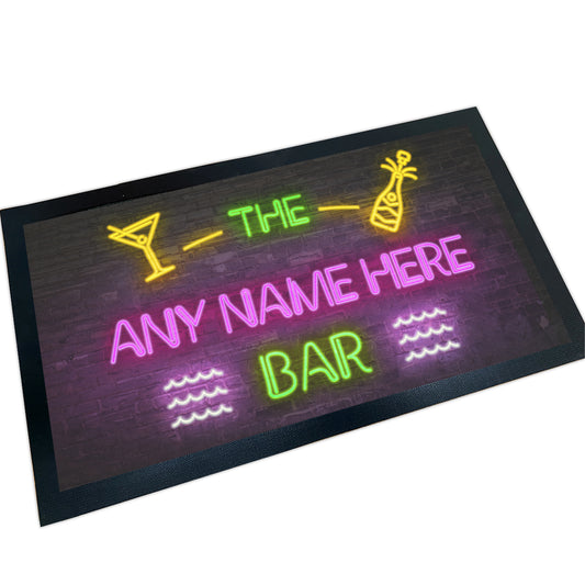 ShopQuality4U Bar Runner Gripped Rubber Backing 44 x 25cm (17.3 x 9.8'') Bar Mat Personalised Neon Effect Bar Runner Cocktail and Champagne Design Add Own Text