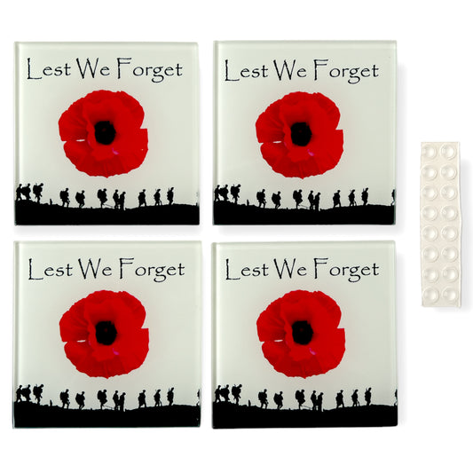 Ensemble de dessous de verre de table en verre carré Coquelicot militaire Lest We Forget (ensemble de 4)