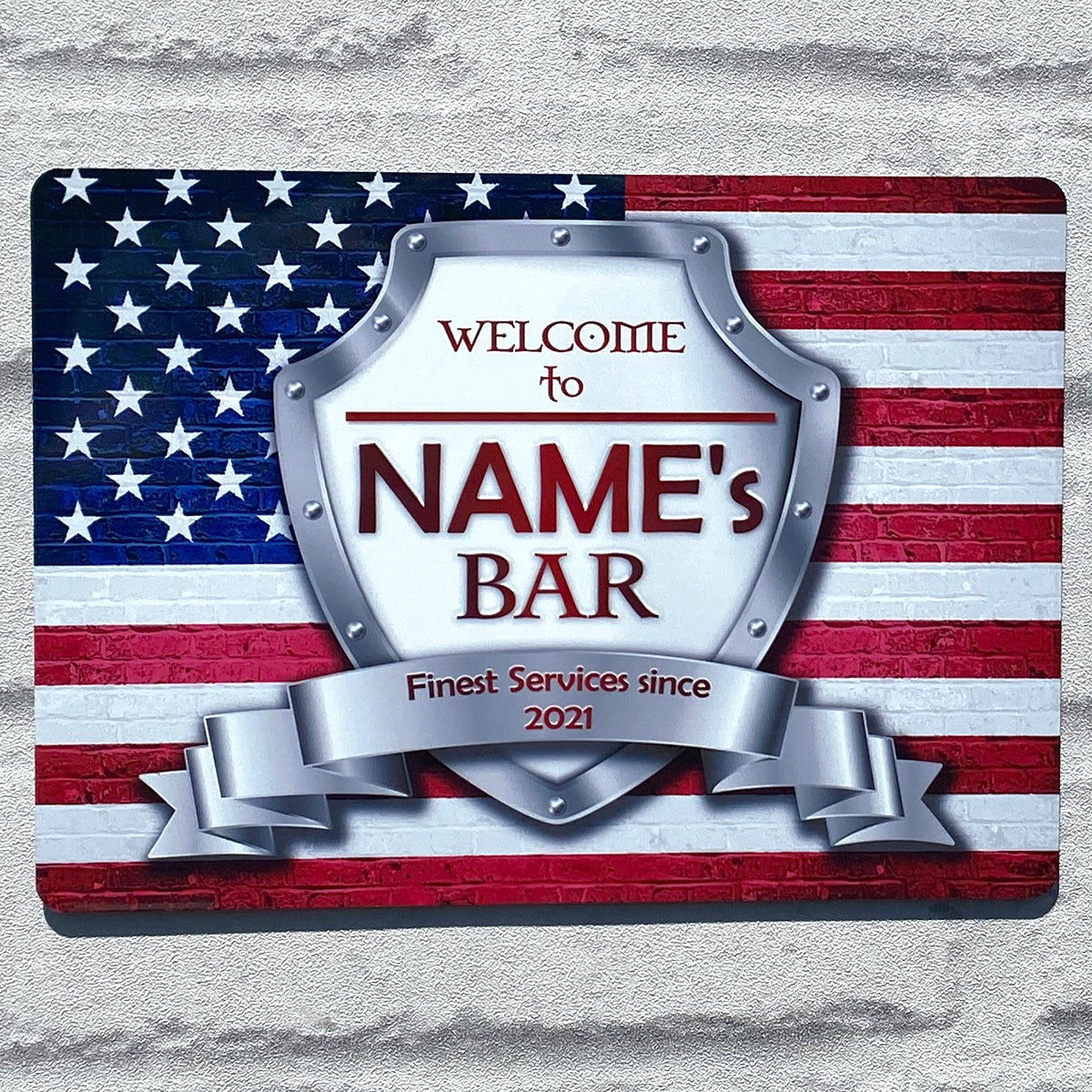 Personalised Bar Sign - United States American Flag Printed Metal White Sign wall art  Bar Add Name 