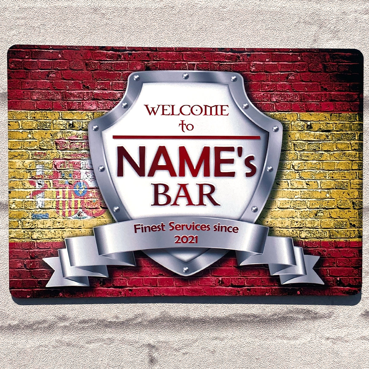 Personalised Bar Sign - Spain Spanish Flag Printed Metal White Sign wall art  Bar Add Name 