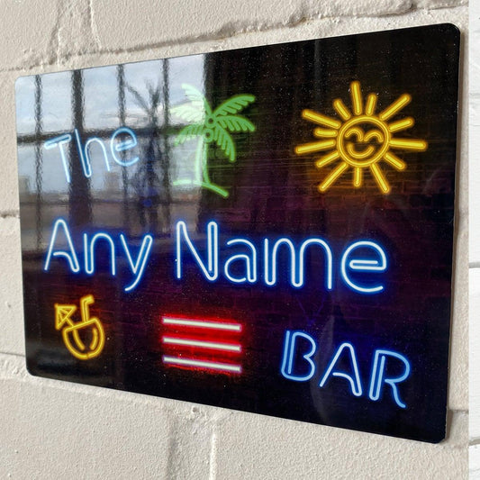 Personalised Bar Sign - Neon effect Printed Metal Sign wall art Tropical A5/ A4/ A3 Bar Add Name