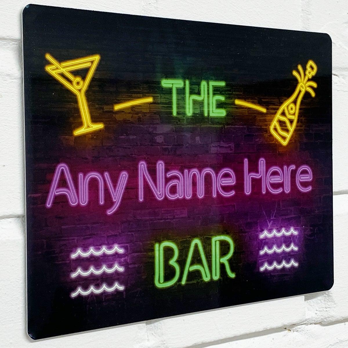 Personalised Bar Sign - Neon effect Printed Metal Sign wall art Waves A5/ A4/ A3 Bar Add Name