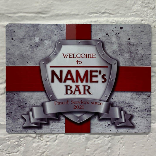 Personalised Bar Sign - England English Flag Printed Metal White Sign wall art  Bar Add Name 