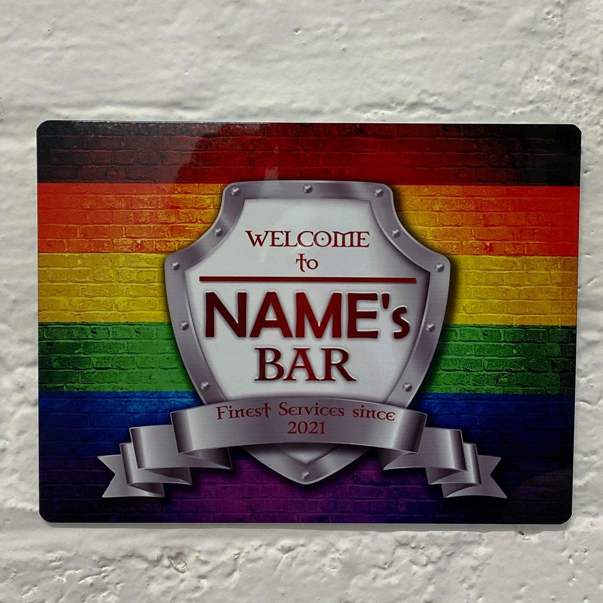 Personalised Bar Sign - Rainbow Flag LGBT Gay Pride Peace Printed Metal White Sign wall art  Bar Add Name 