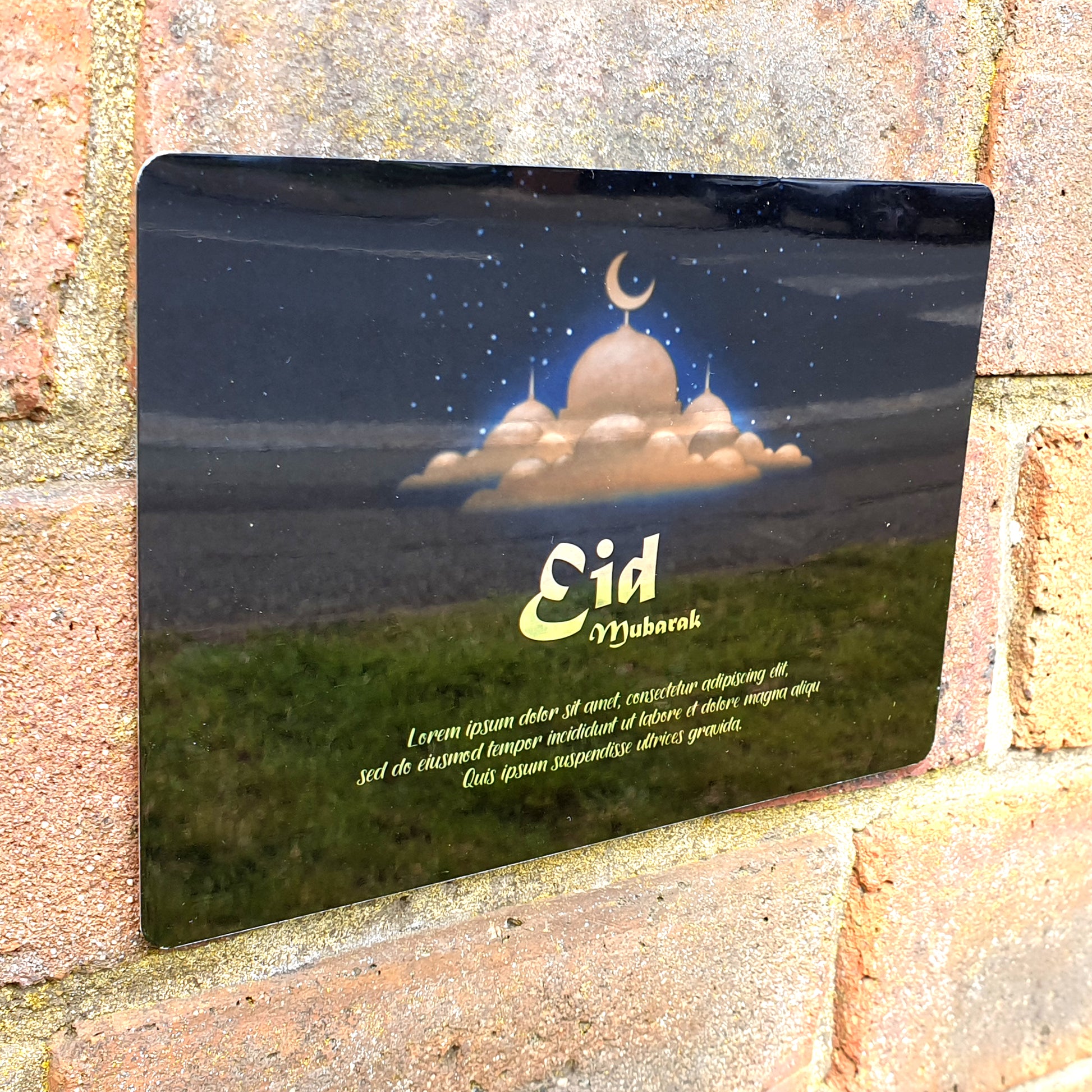 Personalised Eid Mubarak Mirror Metal Sign Blue Background Beige Mosque - Add Your Custom Text