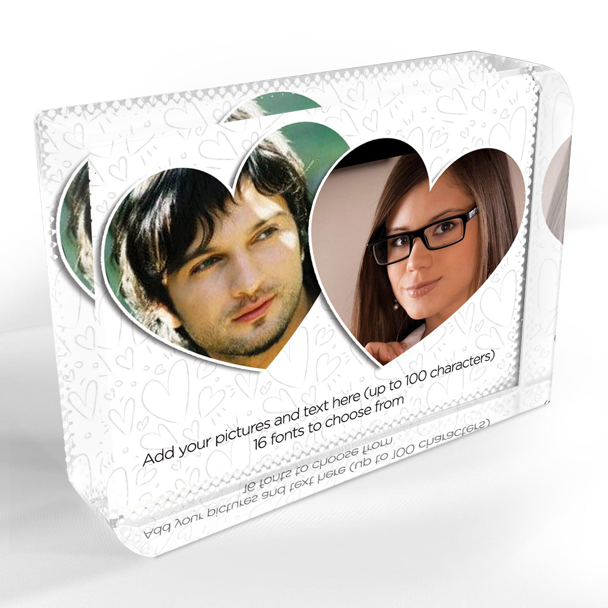 ShopQuality4U Two Pictures with Heart Frames and Custom Text Personalised Printed Crystal Block