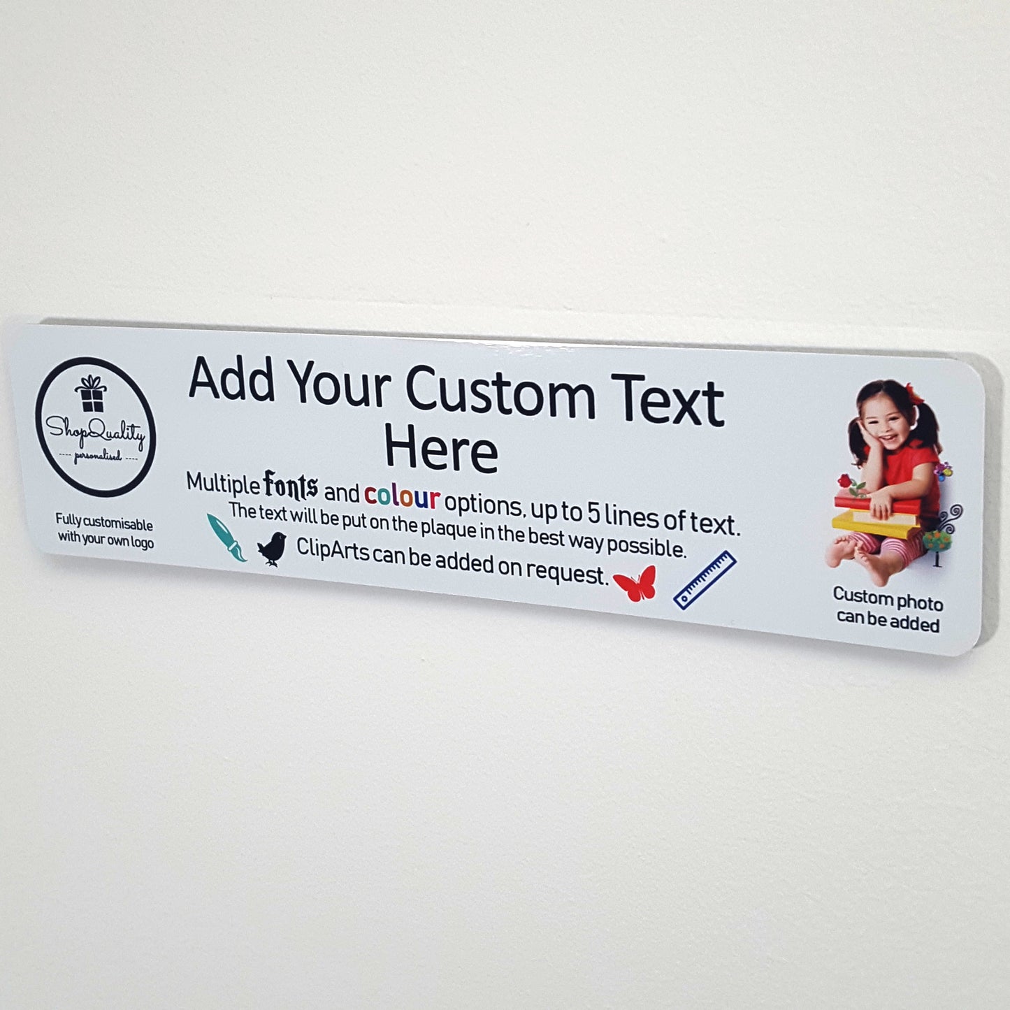 Full Customisable White Metal Plaque - Text + Pictures (20x5 cm, 7.8x2 inches)