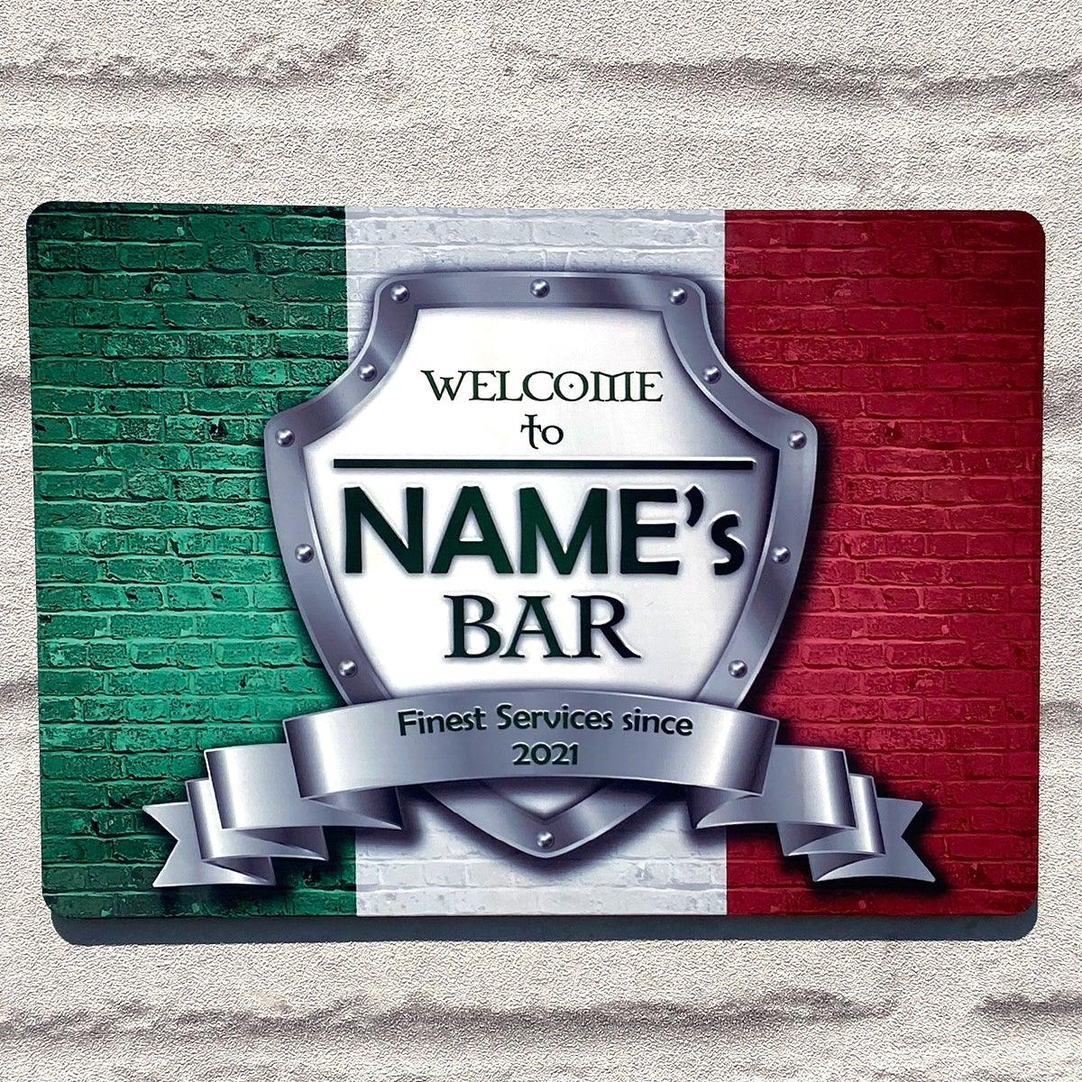 Personalised Bar Sign - Italy Italian Flag Printed Metal White Sign wall art  Bar Add Name 