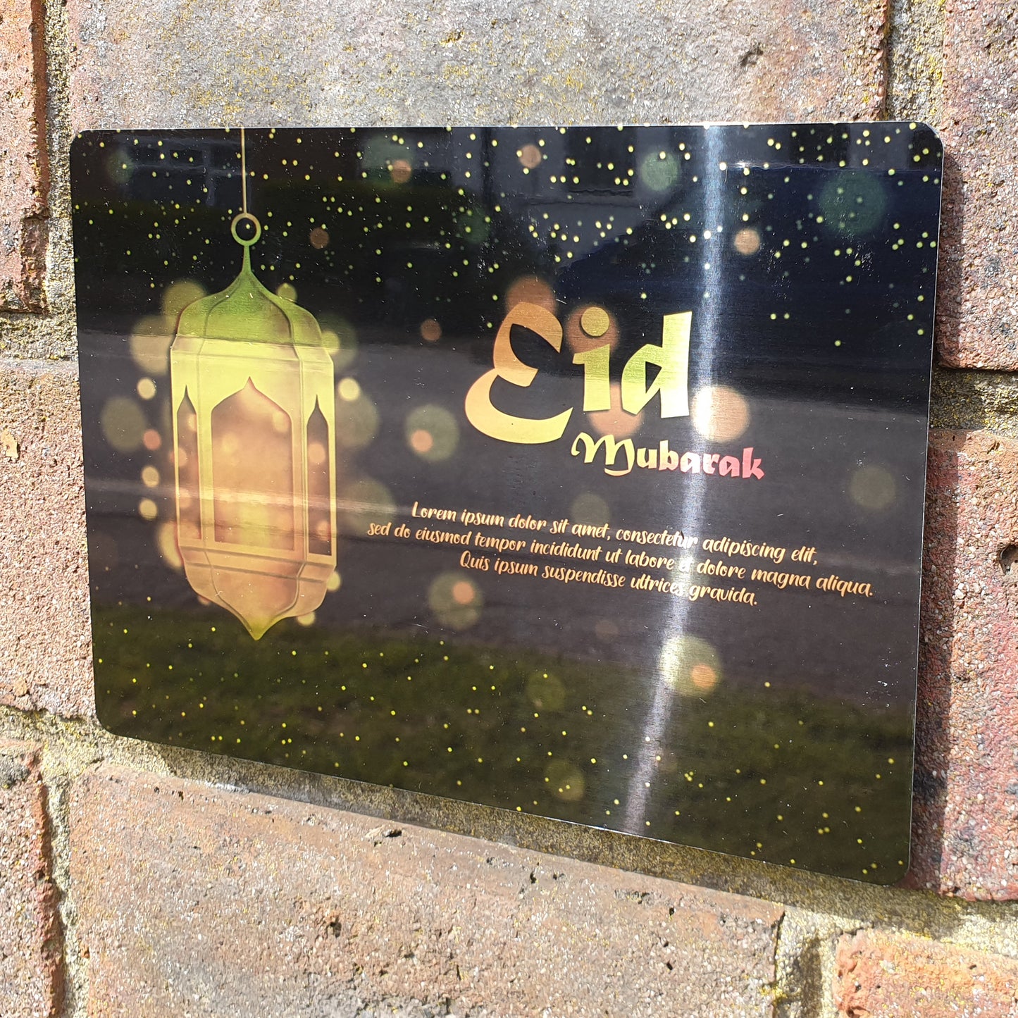 Personalisiertes Eid Mubarak Spiegel-Metallschild, eine Laterne, tiefgrüner Hintergrund – fügen Sie Ihren individuellen Text hinzu