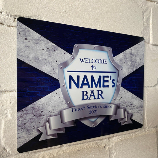 Personalised Bar Sign - Scotland Scottish Flag Printed Metal White Sign wall art  Bar Add Name 