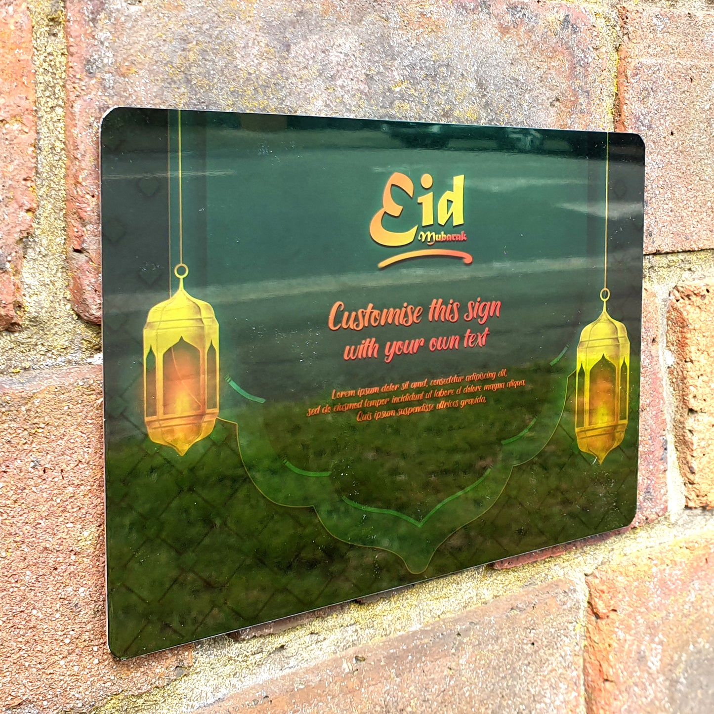 Personalised Eid Mubarak Mirror Metal Sign Two Lanterns Green Background - Add Your Custom Text
