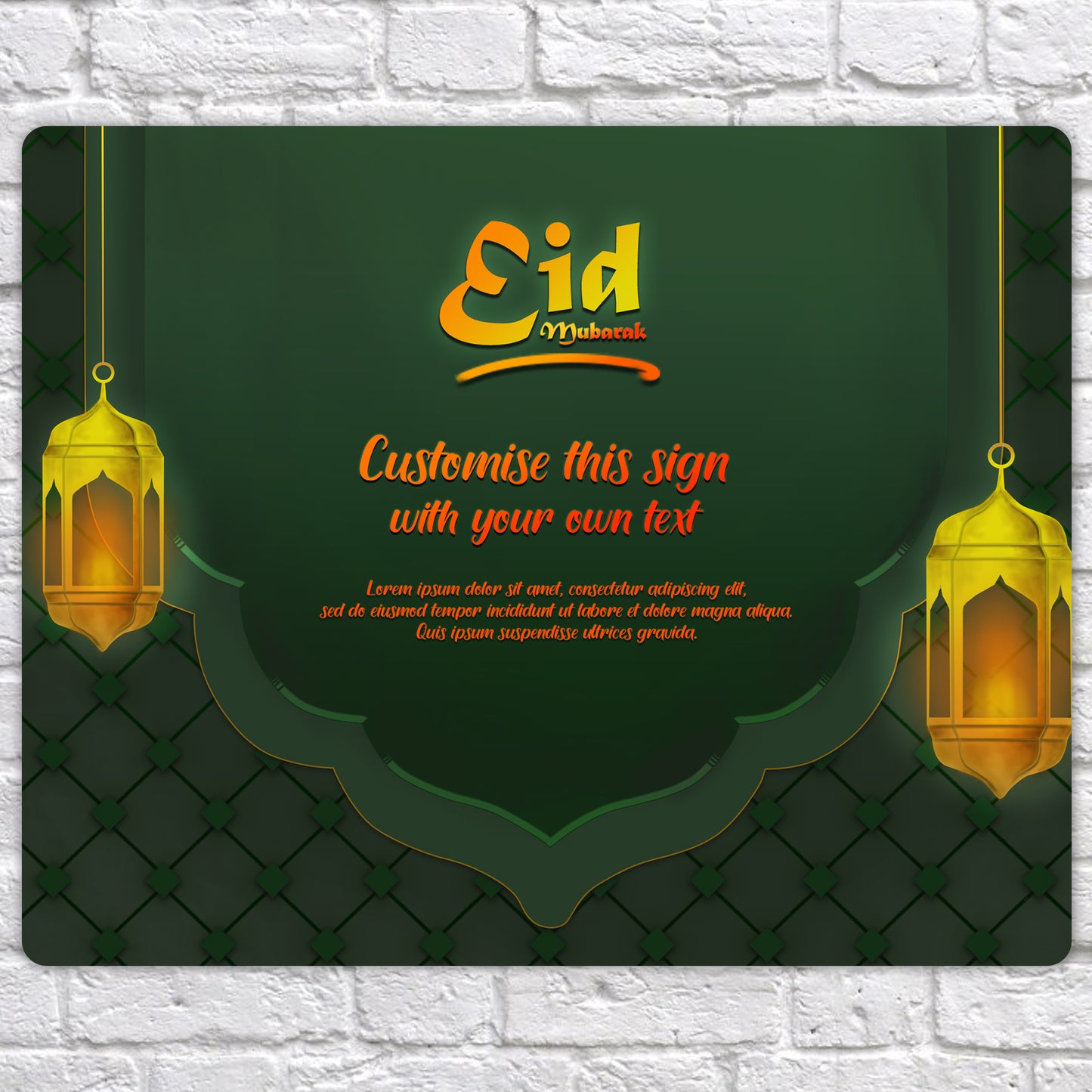 Personalised Eid Mubarak Mirror Metal Sign Two Lanterns Green Background - Add Your Custom Text
